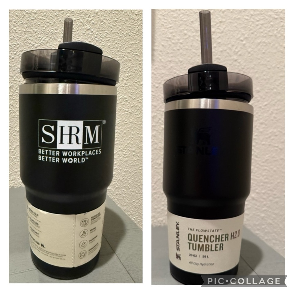 NWT Stanley 20 oz black/white The Flowstate Quencher H2.0 Tumbler with SHRM logo
